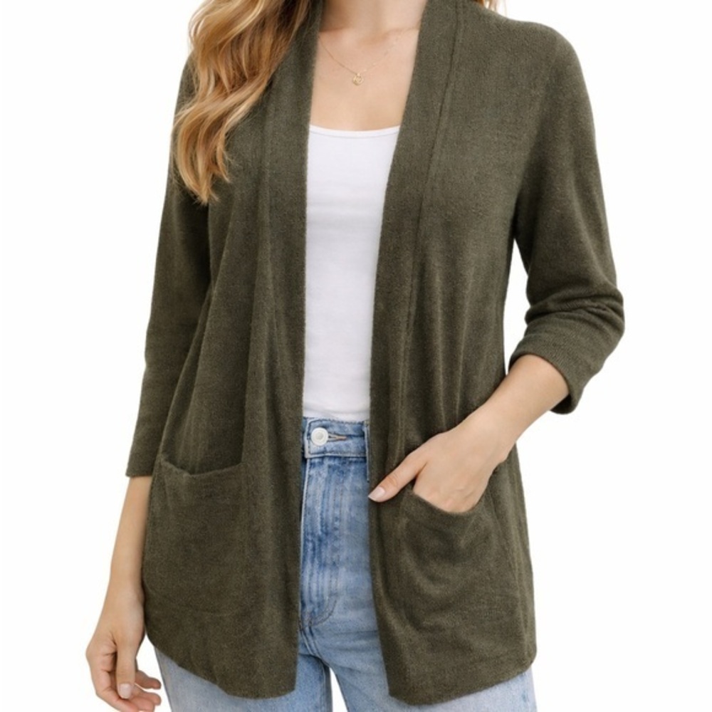 Open Front Women’s Cotton Blend Cardigan Sweater Olive Green Rib Knit Pockets XL